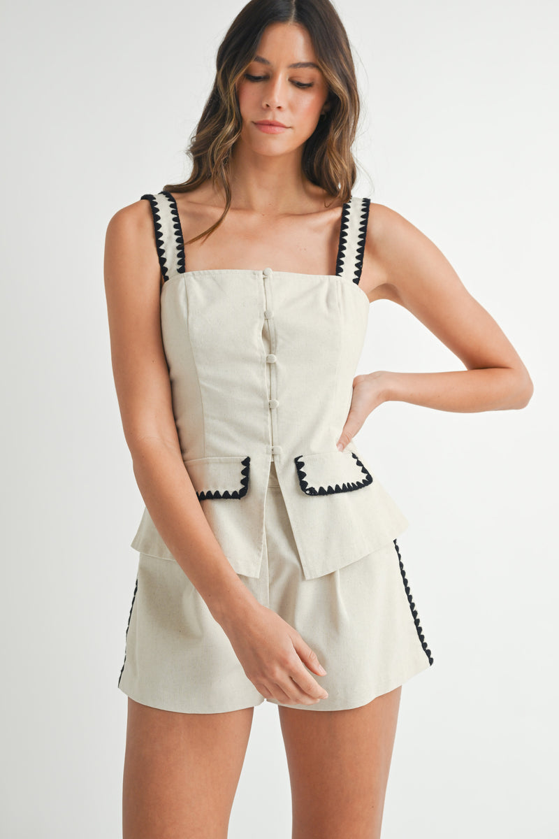 KAI EMBROIDERED SQUARE NECK VEST AND SHORTS SET