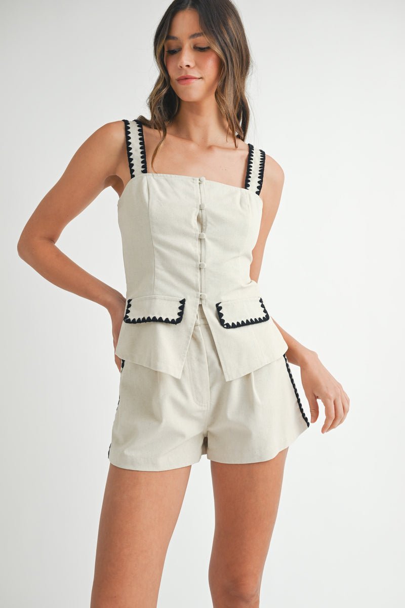 KAI EMBROIDERED SQUARE NECK VEST AND SHORTS SET