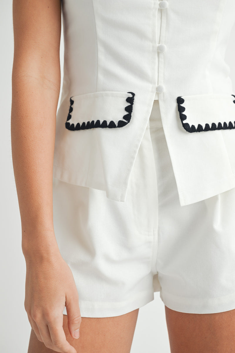 KAI EMBROIDERED SQUARE NECK VEST AND SHORTS SET