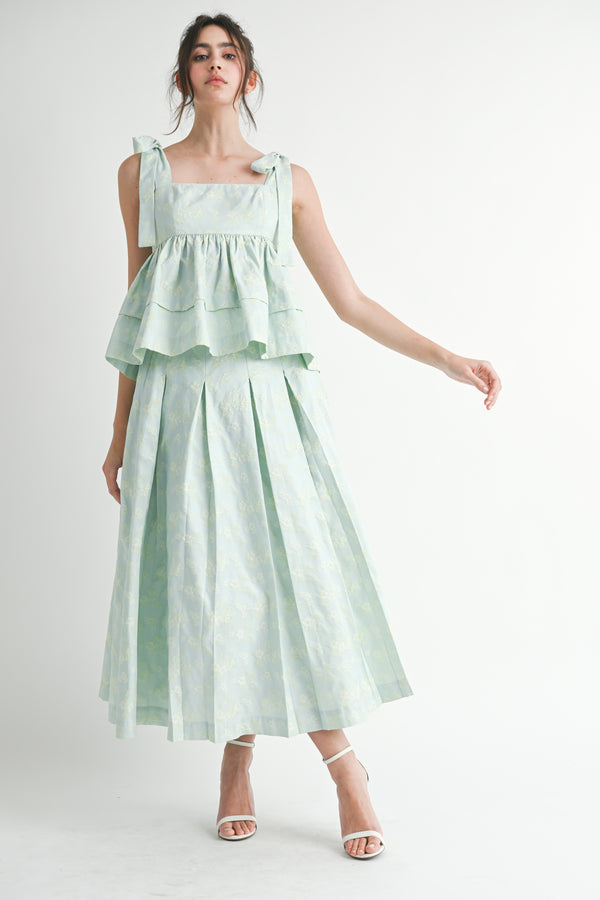 NAVIA FLORAL JACQUARD BABYDOLL TOP AND MIDI SKIRT
