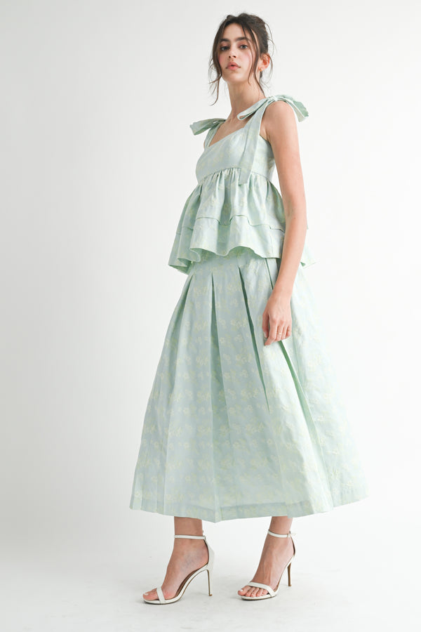 NAVIA FLORAL JACQUARD BABYDOLL TOP AND MIDI SKIRT