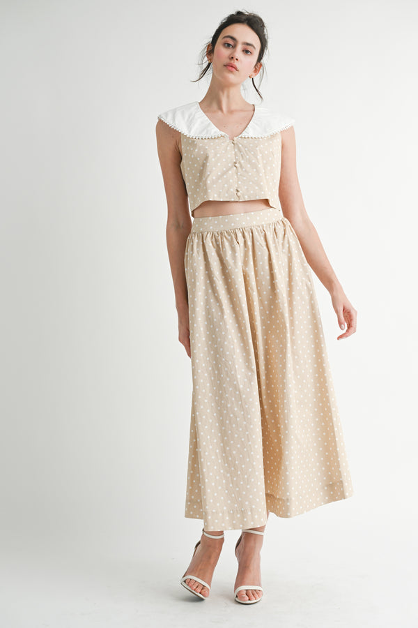KENDRIEL POLKA DOT TOP AND MIDI SKIRT SET