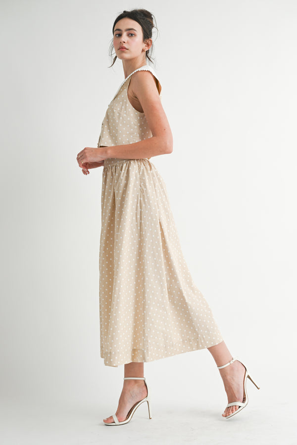 KENDRIEL POLKA DOT TOP AND MIDI SKIRT SET