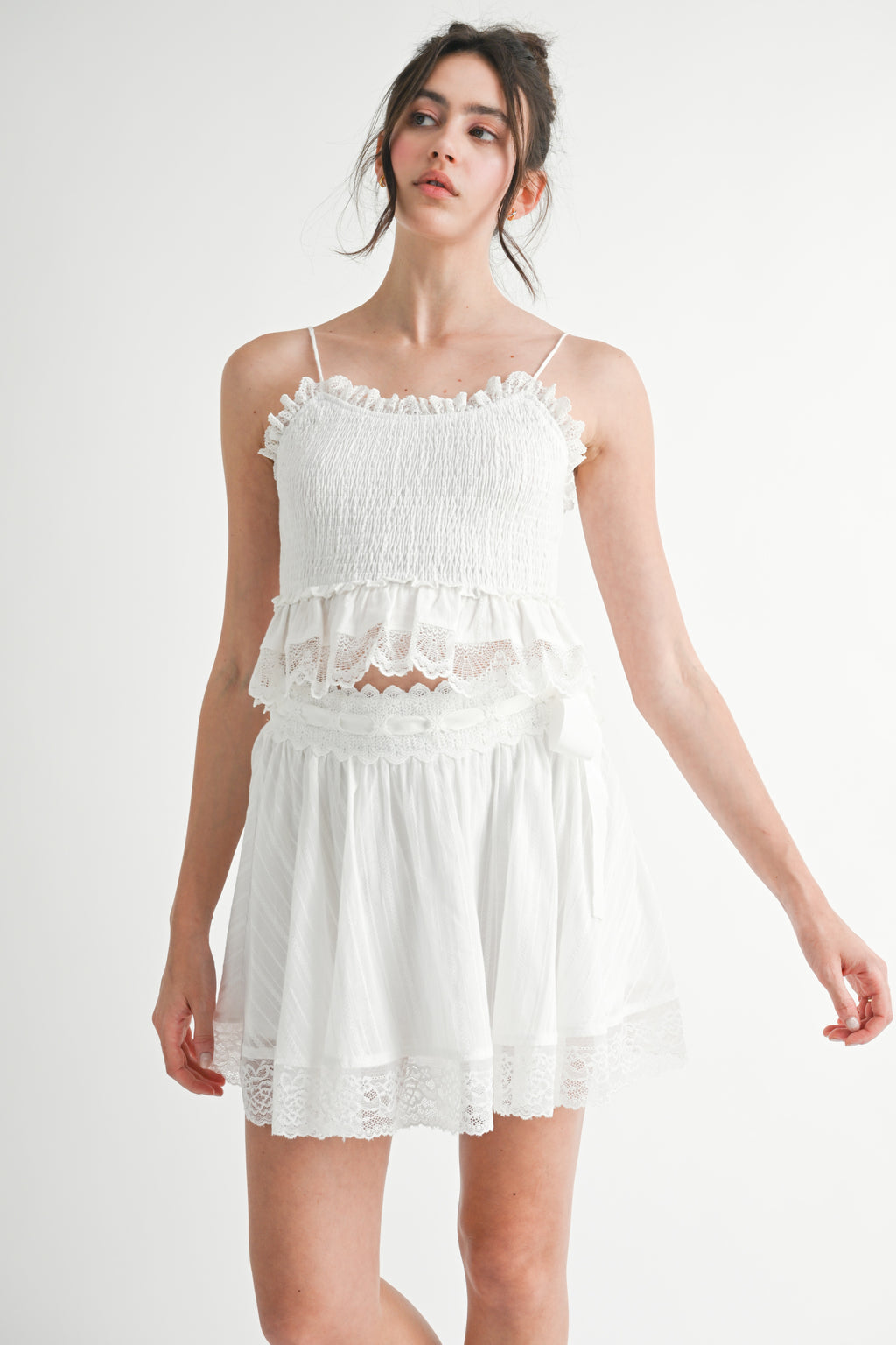 MAYFAIR SMOCKING RUFFLE LACE TRIM MINI SKIRT SET – Mable Clothing