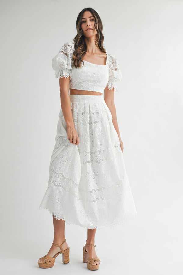 FAIRVIEW EYELET LACE CROP MIDI SKIRT SET