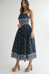 ELIZA EMBROIDERED CROP TOP AND MIDI SKIRT SET