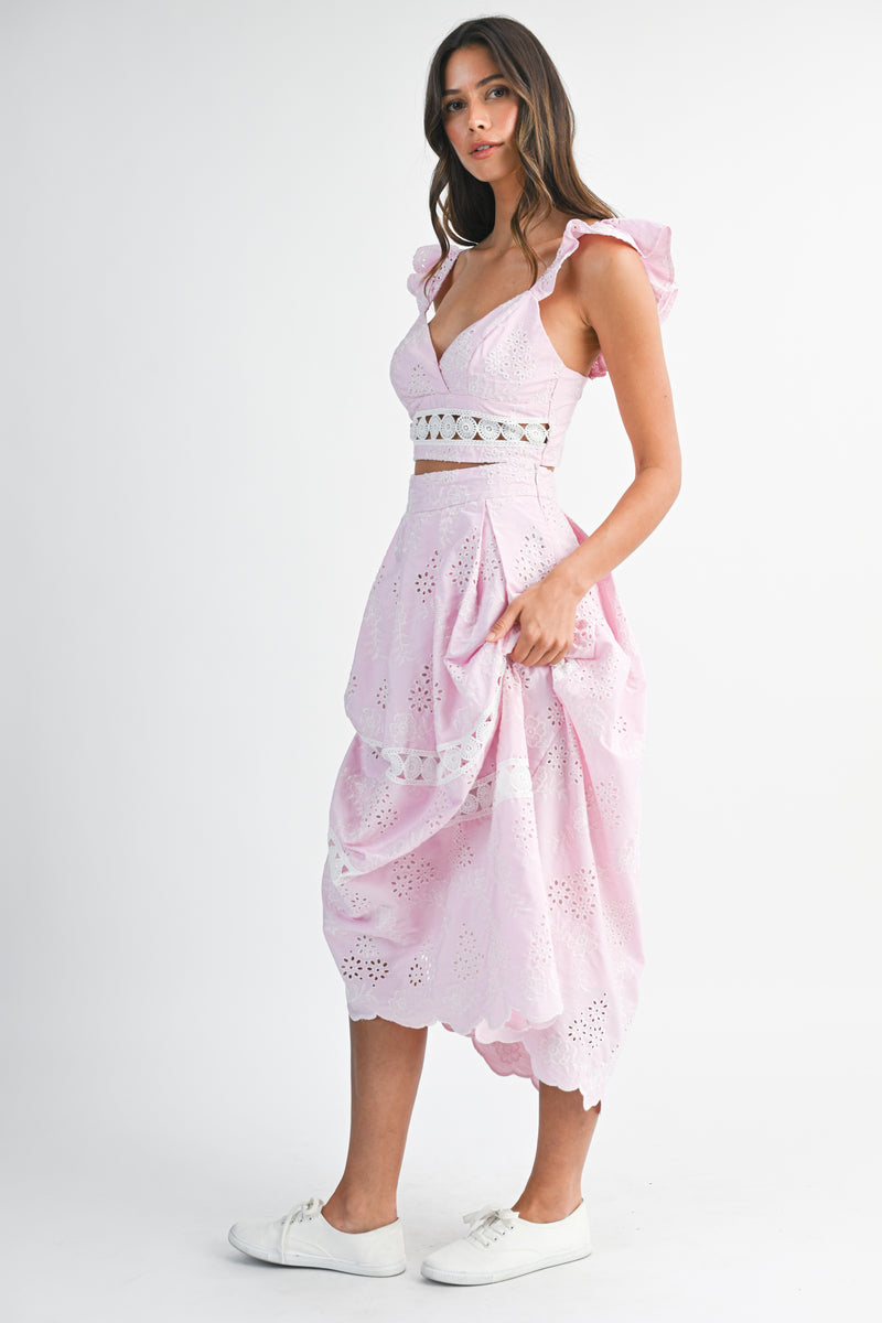 LAETICIA EYELET RUFFLE SLEEVE TOP AND SKIRT SET