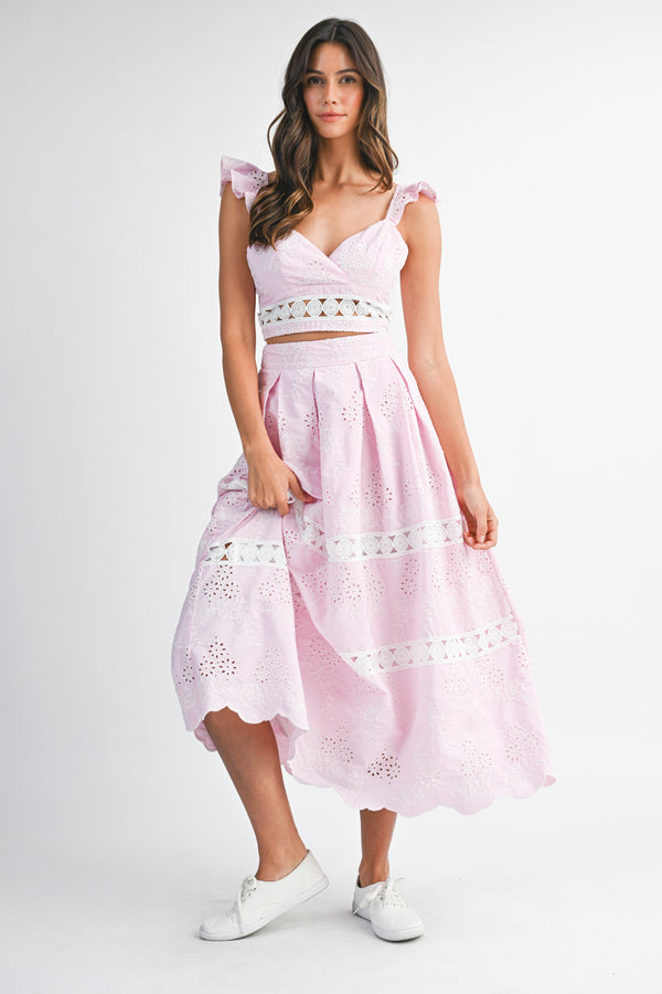 LAETICIA EYELET RUFFLE SLEEVE TOP AND SKIRT SET