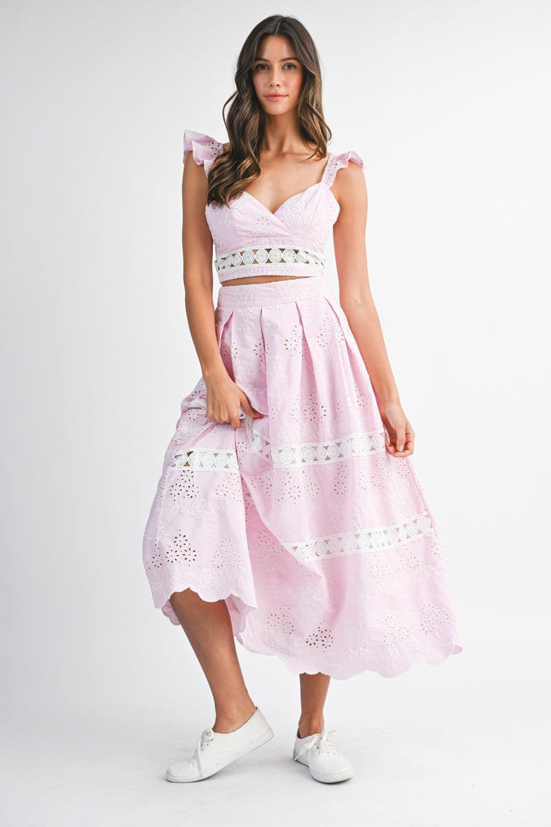 LAETICIA EYELET RUFFLE SLEEVE TOP AND SKIRT SET