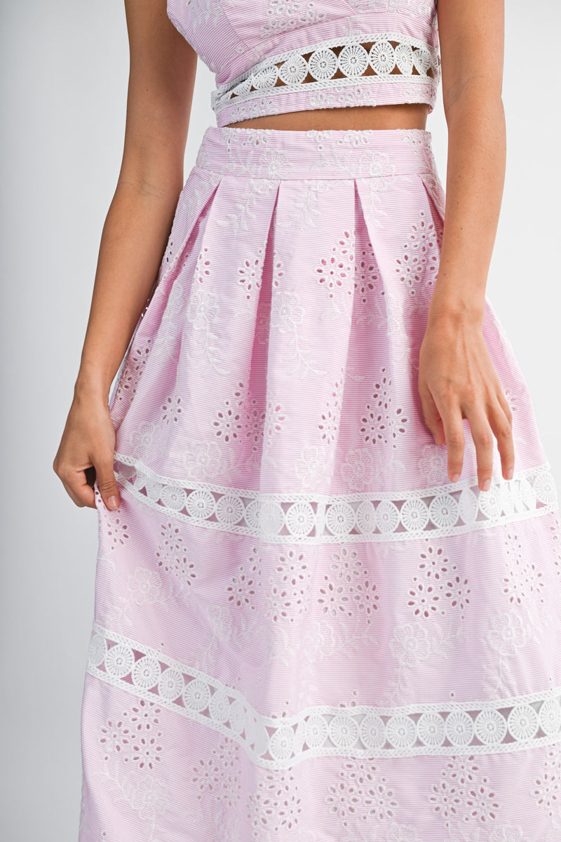 LAETICIA EYELET RUFFLE SLEEVE TOP AND SKIRT SET