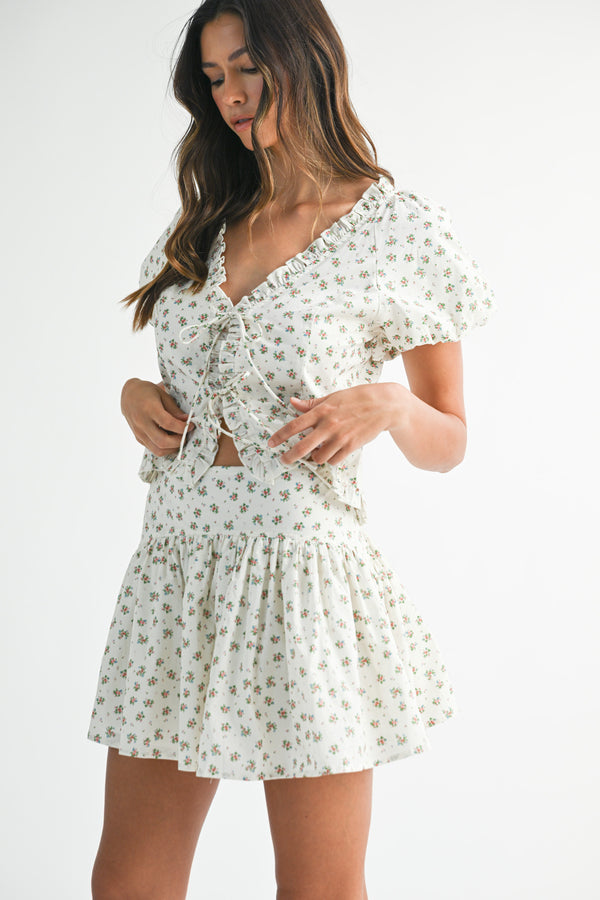 CARLY PUFF SLEEVE TIED TOP AND MINI SKIRT SET