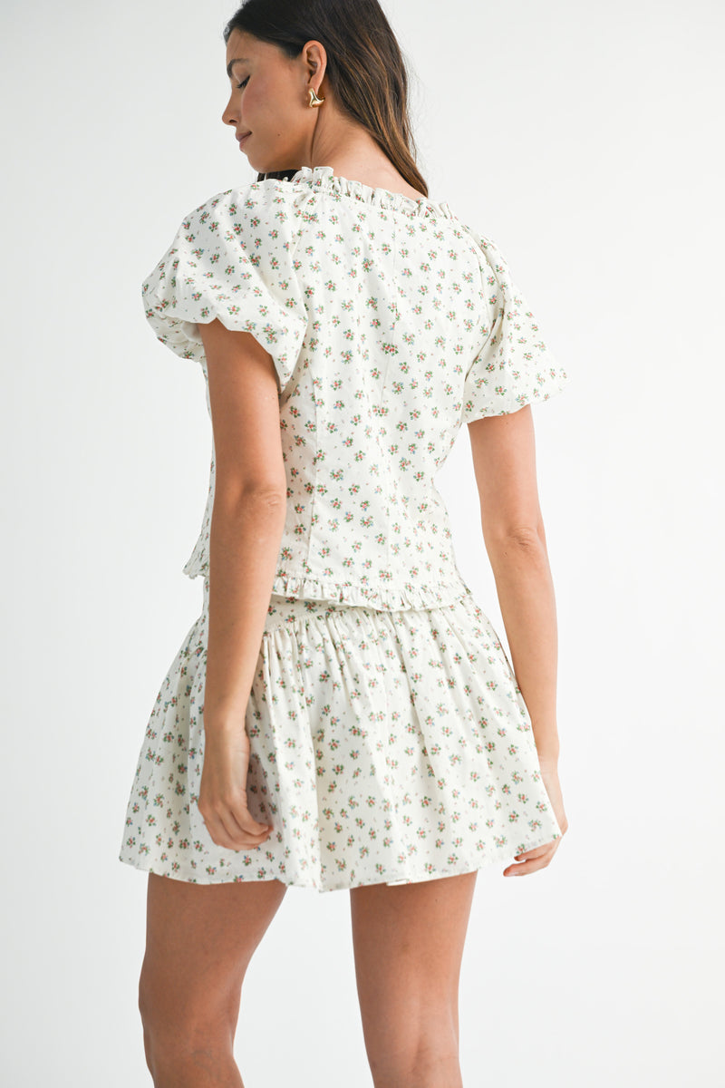 CARLY PUFF SLEEVE TIED TOP AND MINI SKIRT SET