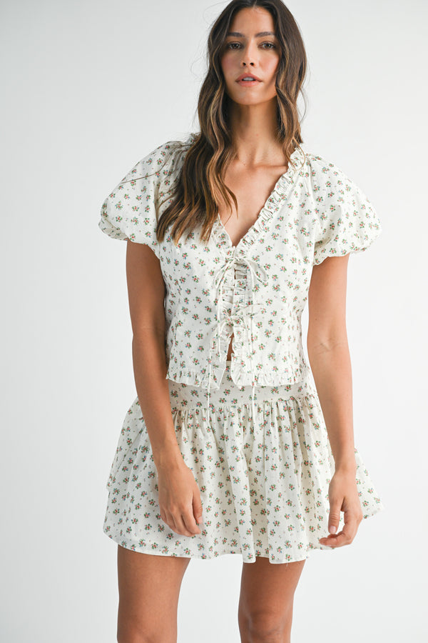 CARLY PUFF SLEEVE TIED TOP AND MINI SKIRT SET