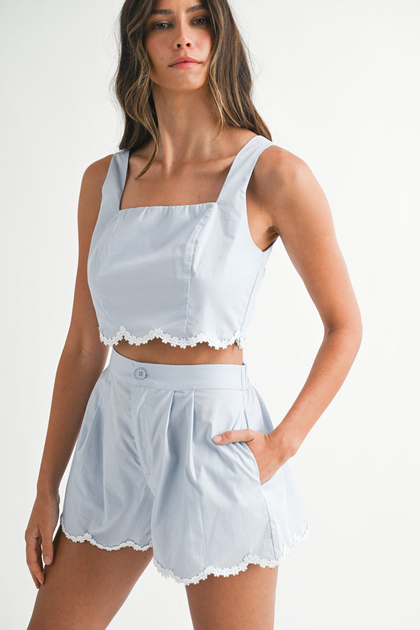 NASTIA SCALLOP LACE DETAIL TOP AND SHORTS SET
