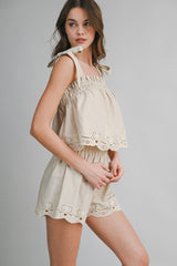 LAURYN EYELET BORDER TIE SHOULDER TOP AND SHORTS SET