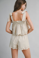 LAURYN EYELET BORDER TIE SHOULDER TOP AND SHORTS SET