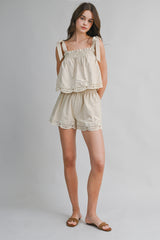 LAURYN EYELET BORDER TIE SHOULDER TOP AND SHORTS SET