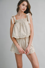 LAURYN EYELET BORDER TIE SHOULDER TOP AND SHORTS SET