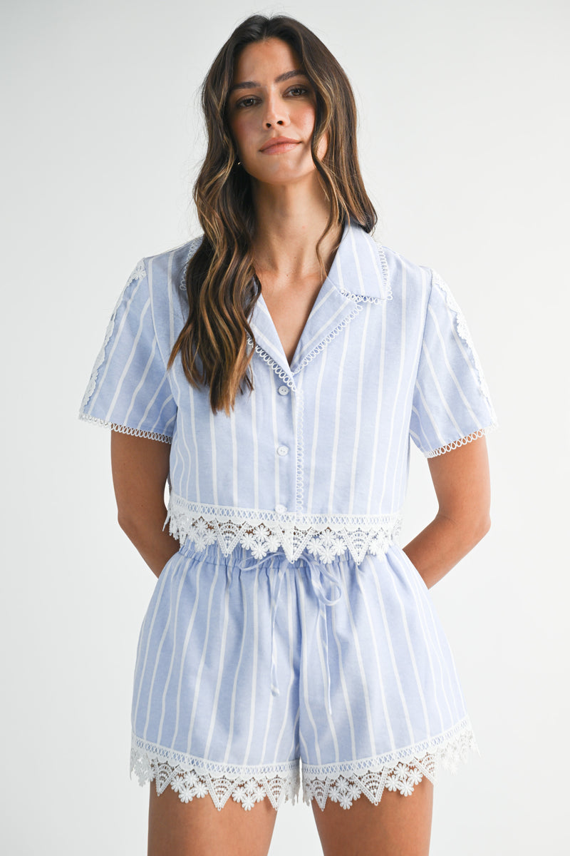 EVE STRIPED CROP SHIRT TOP AND SHORT SET