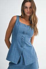 BLAIRE SQUARE NECK VEST AND SHORTS DENIM SET