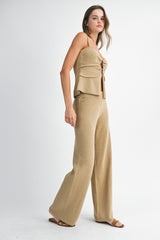 FRONT CUT OUT KNIT TOP AND LONG PANTS SET