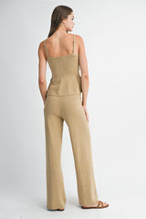 FRONT CUT OUT KNIT TOP AND LONG PANTS SET