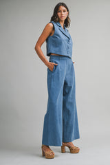 BRITTANY DENIM VEST AND WIDE PANTS SET