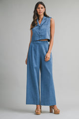 BRITTANY DENIM VEST AND WIDE PANTS SET