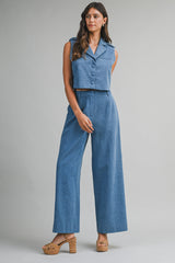 BRITTANY DENIM VEST AND WIDE PANTS SET