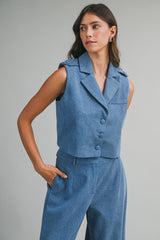 BRITTANY DENIM VEST AND WIDE PANTS SET