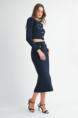 HANA KNITTED CROP CARDIGAN AND MIDI SKIRT SET