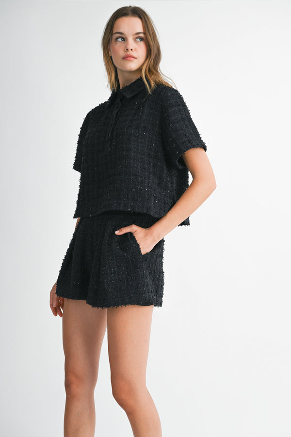 KENNEDY TWEED SHIRT AND PLEATED SHORTS