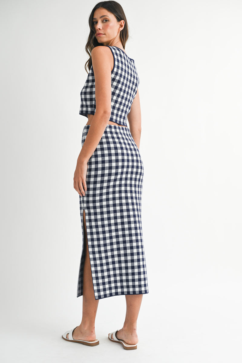 JADA GINGHAM KNIT TOP AND MIDI SKIRT SET