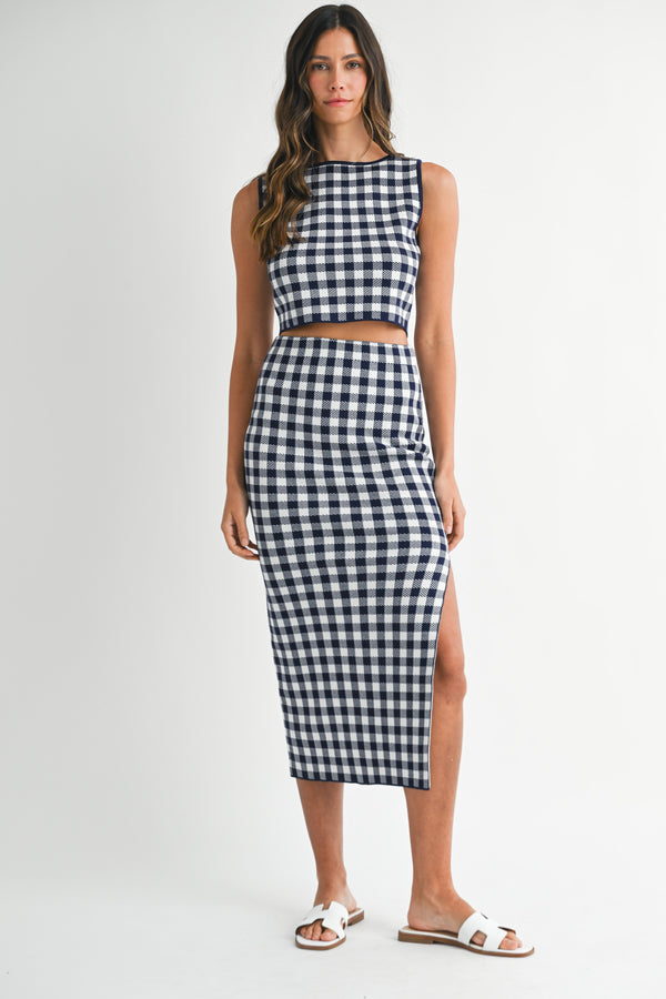 JADA GINGHAM KNIT TOP AND MIDI SKIRT SET