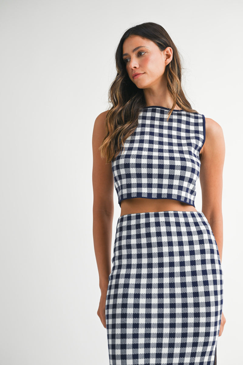 JADA GINGHAM KNIT TOP AND MIDI SKIRT SET