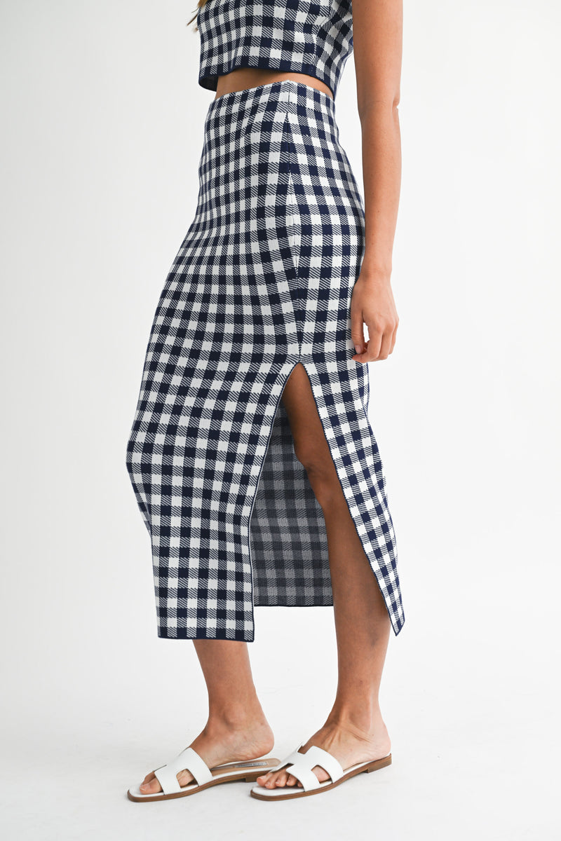 JADA GINGHAM KNIT TOP AND MIDI SKIRT SET