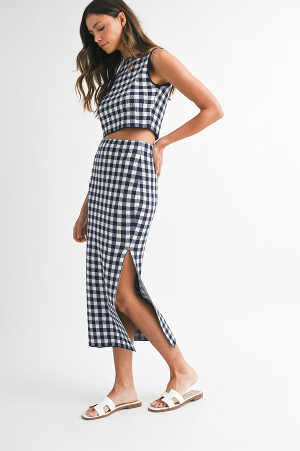 JADA GINGHAM KNIT TOP AND MIDI SKIRT SET