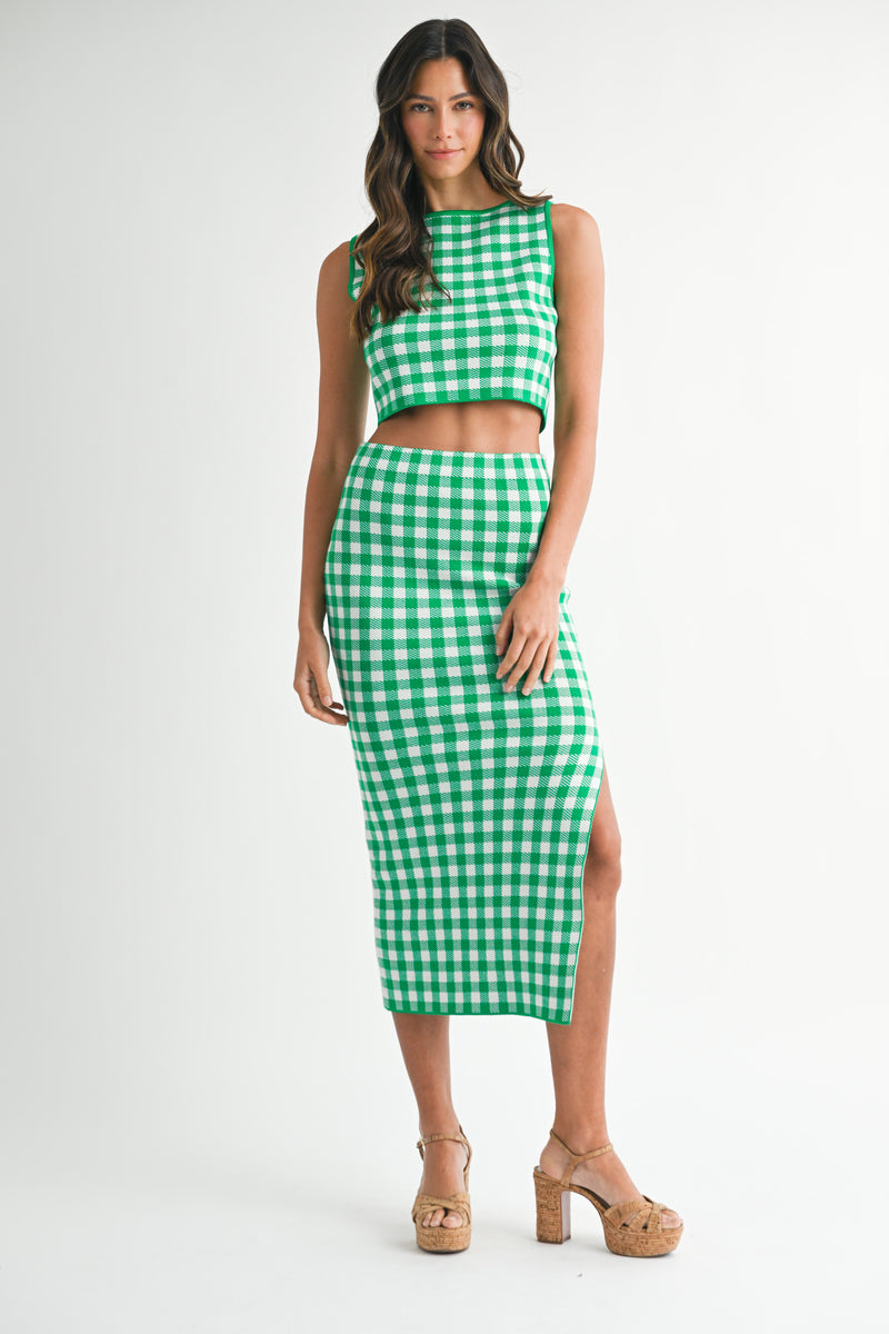 JADA GINGHAM KNIT TOP AND MIDI SKIRT SET
