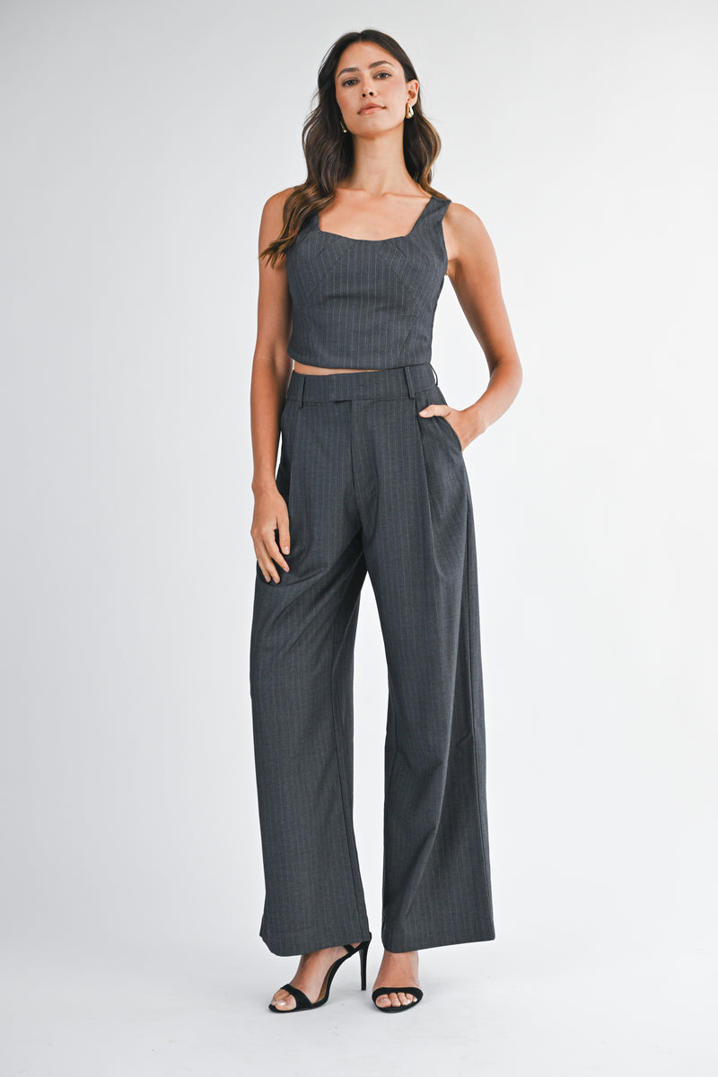 JUNIPER PIN STRIPE BUSTIER TOP AND TROUSERS SET