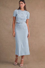 LUCILLE BUTTON FRONT SWEATER TOP AND MIDI SKIRT SET
