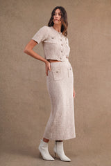 LUCILLE BUTTON FRONT SWEATER TOP AND MIDI SKIRT SET