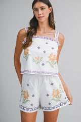 BAYLOR EMBROIDERY STRAP TOP AND SHORTS SET