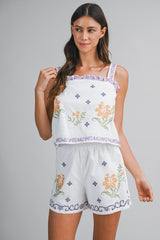 BAYLOR EMBROIDERY STRAP TOP AND SHORTS SET