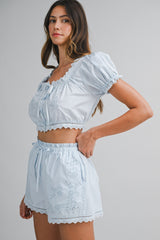 HENLEY EMBROIDERED TOP AND SHORTS SET
