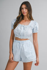 HENLEY EMBROIDERED TOP AND SHORTS SET