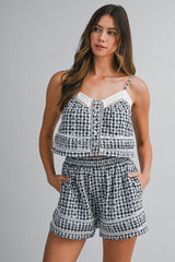 HANEUL PLAID EMBROIDERED LACE TOP AND SHORT SET