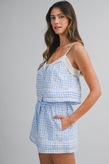 HANEUL PLAID EMBROIDERED LACE TOP AND SHORT SET