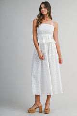 ASHLEY EYELET PEPLUM TOP AND MIDI SKIRT SET