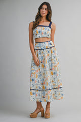 DEMI CONTRAST SQUARE NECK CROP TOP AND MINI SKIRT SET