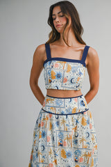 DEMI CONTRAST SQUARE NECK CROP TOP AND MINI SKIRT SET